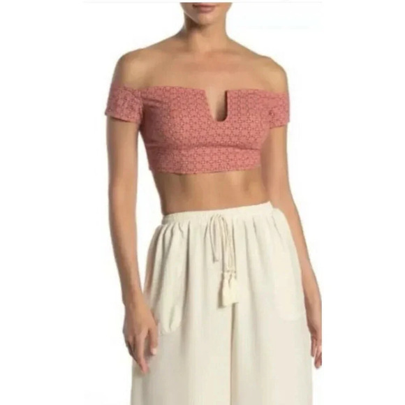 Free People Crop Top Off Shoulder Vermillionette Red Size Medium NWT - Picture 1 of 9